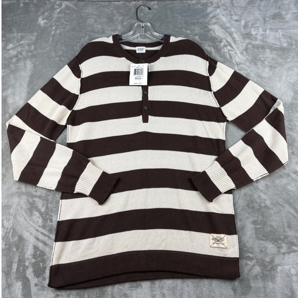 Guess by Marciano Mens Brown White Striped Henley Sweater Knit Shirt L